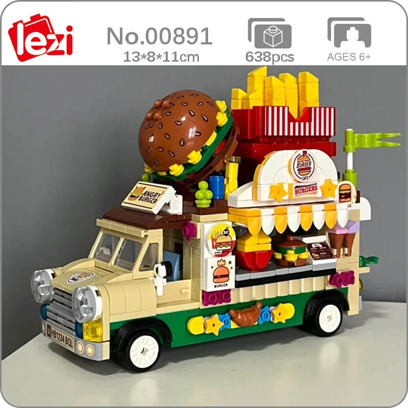 

Lezi 00891 Vehicle World Beef Hamburger French Fries Chips Car Food Truck 3D Mini Blocks Bricks Building Toy for Children no Box