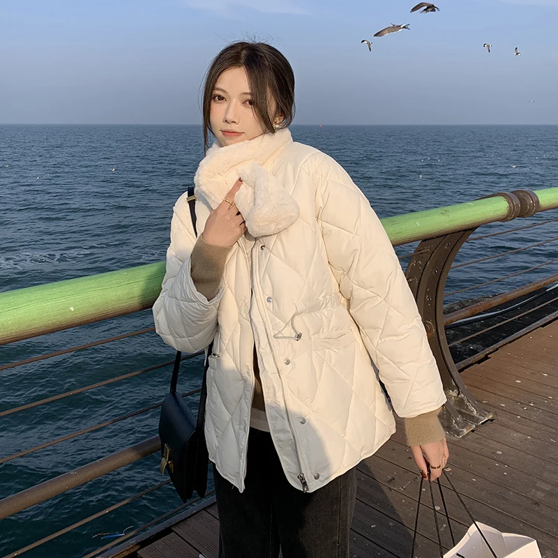 

Lingge solid color cotton coat 2022 winter new Korean casual sweet warm short bread cotton coat women's with fur collar