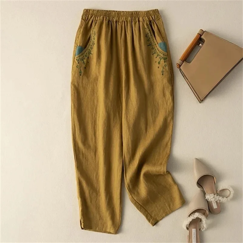 

Summer Retro Style Female Embroidery Cotton Linen Radish Trousers Ladies Straight Cylinder Harlan Pantalons Nine Points Pant