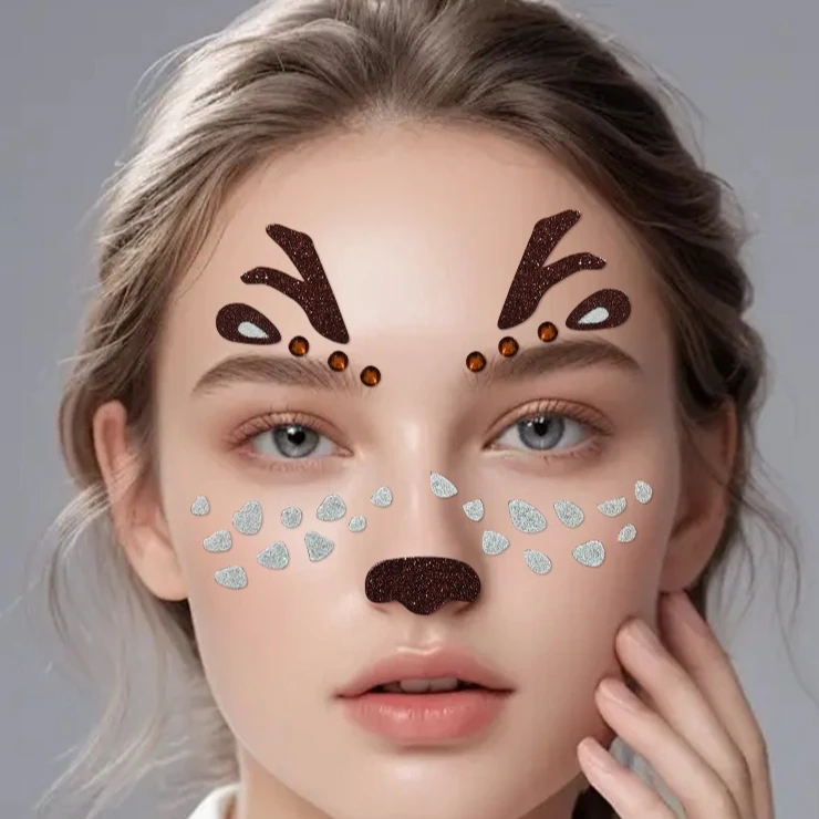 Glitter Christmas Party Face Stickers Cute Elk Animal Face Stickers Christmas Face Decoration Xmas Navidad New Year Decoration