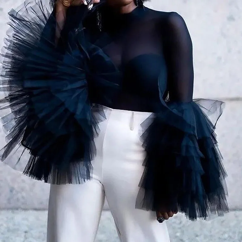 

Стильные сетчатые прозрачные блузки для женщин, модные корейские топы с каскадными оборками и расклешенными рукавами, элегантные Клубные вечерние блузки Y2K