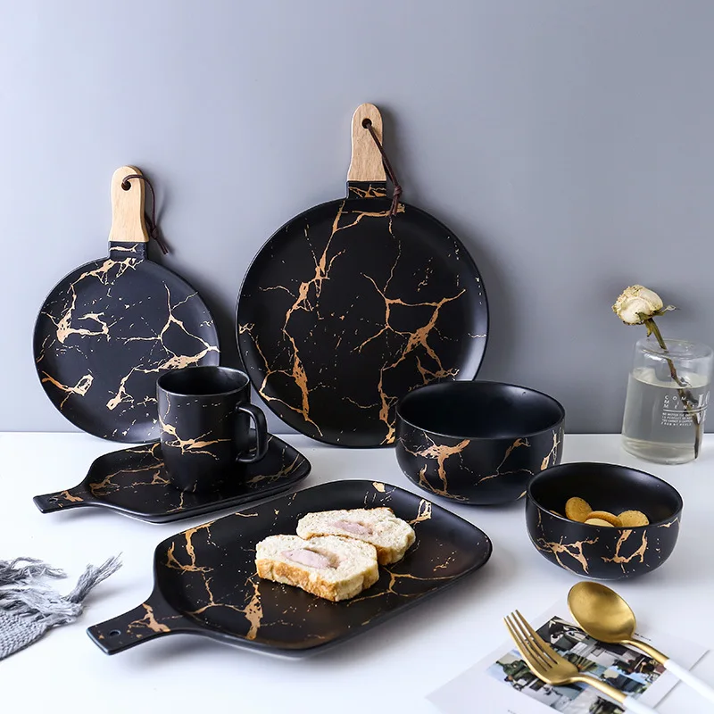 Best Gold Marble Glazes Ceramic Party Tableware Set Porcelain Breakfast Plates Dishes Noodle Bowl Coffee Mug Cup For Decoration