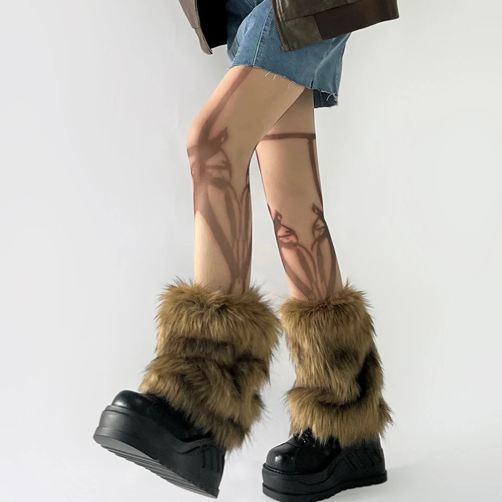 Y2k Vintage Faux Fur Leg Warmers Hot Girl Harajuku Winter Warm Furry Boots Cover Socks Jk Punk Hiphop Cosplay Accessories