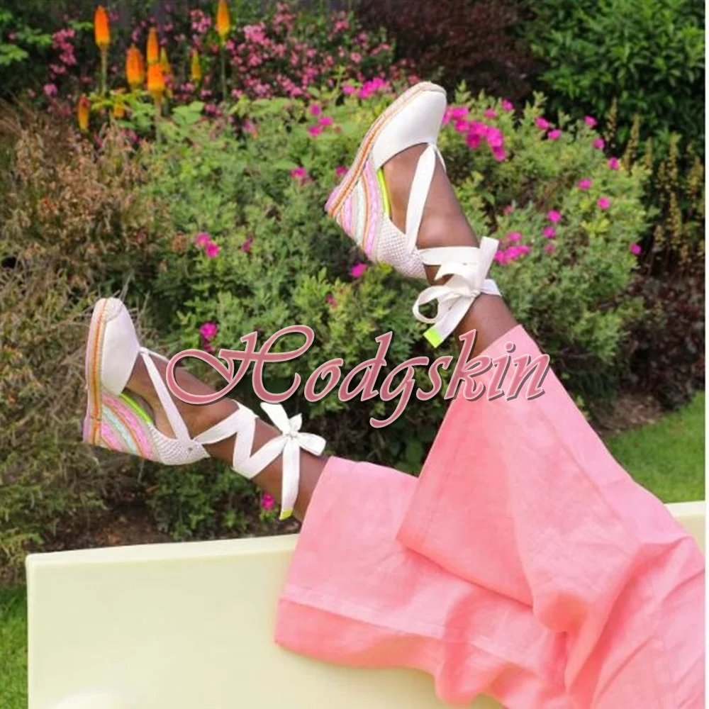 

Colorful Weave Wedges Sandals Pumps Women Shoes Round Toe Solid Lece Up Cross Tied Sandals Platform Summer Party Daily Shoes New