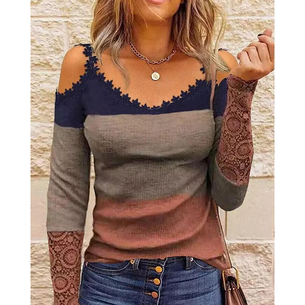 

Women Colorblock Contrast Lace Cold Shoulder Top 2023 Femme Casual Long Sleeve Kawaii V-Neck Office Lady T-shirt Clothing traf