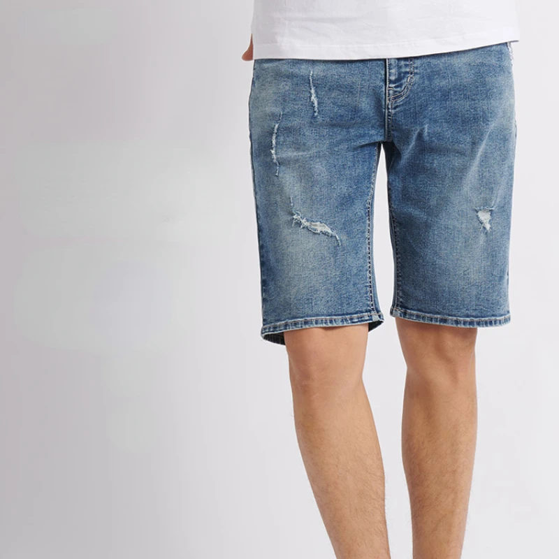 

Men's New Fashion Ripped Shorts Jeans Summer Brand Broken Hole Light Weight Knee-Length Straight Slim Casual Elastic Male Pants