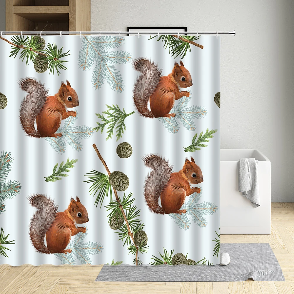 

Cartoons Squirrel Pine Cone Shower Curtain Modern Eco-Friendly Fabric Polyester Waterproof Cloth Bathtub Decor Bath Screen