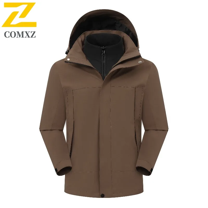 COMXZ Trench Coat Warm Removable Hood Outdoor Work Climbing Biker Jacket 2025 Camping Lightweight Wear Resistant Men's Outerwear