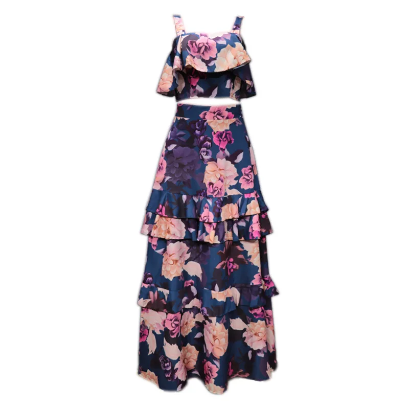 Boho New Sexy Women Chiffon Two Piece Set Crop Top Long Skirt Floral Printed Bandeau Bandage