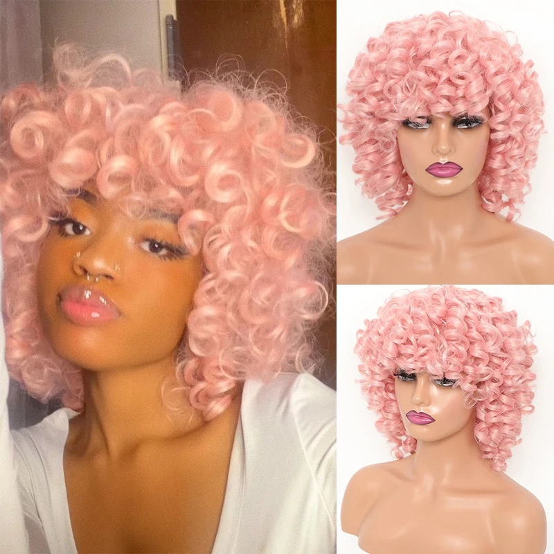Short Loose Curly Wigs for Women Bouncy Synthetic Natural Cosplay Hair Wigs with Bangs Pink Brown Ginger Afro Kinky Curly Wig