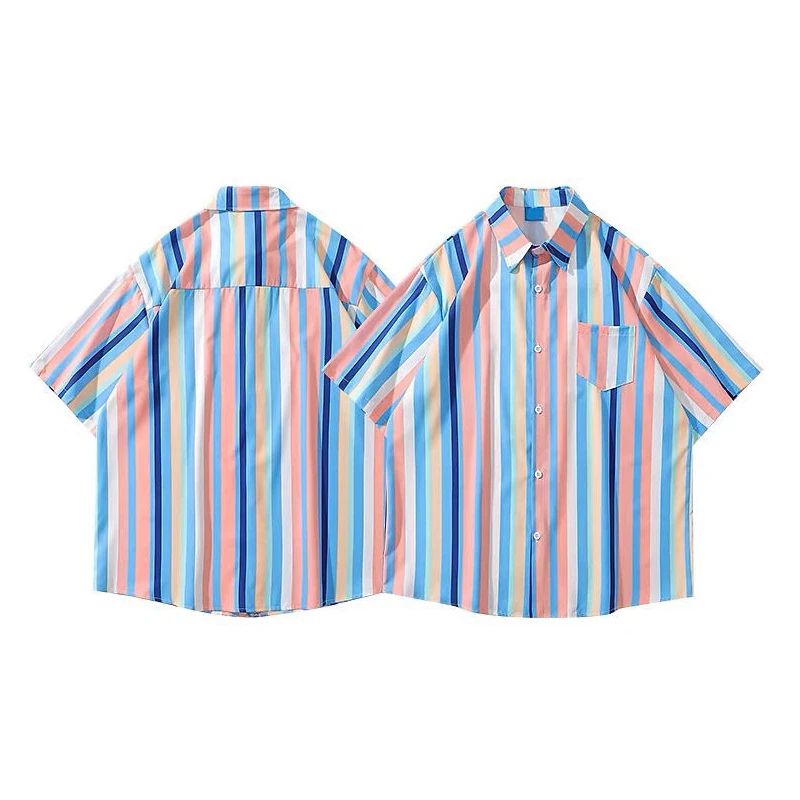 Description Picture 4 of itemAmerican Fashion Striped Contrast Printed Short-sleeved Shirt Korean Version 2024 Summer Loose and Versatile Couple Shirt Jacket