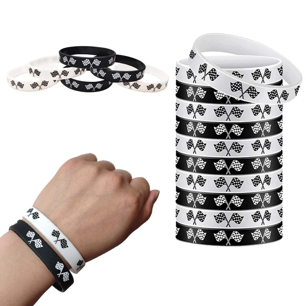 10 Stück Rennwagen-Armbänder, Armband mit kariertem Flaggenmuster, Rennwagen-Gummiarmband, Kinder-Rennthema, Geburtstagsparty-Dekoration, Gastgeschenke