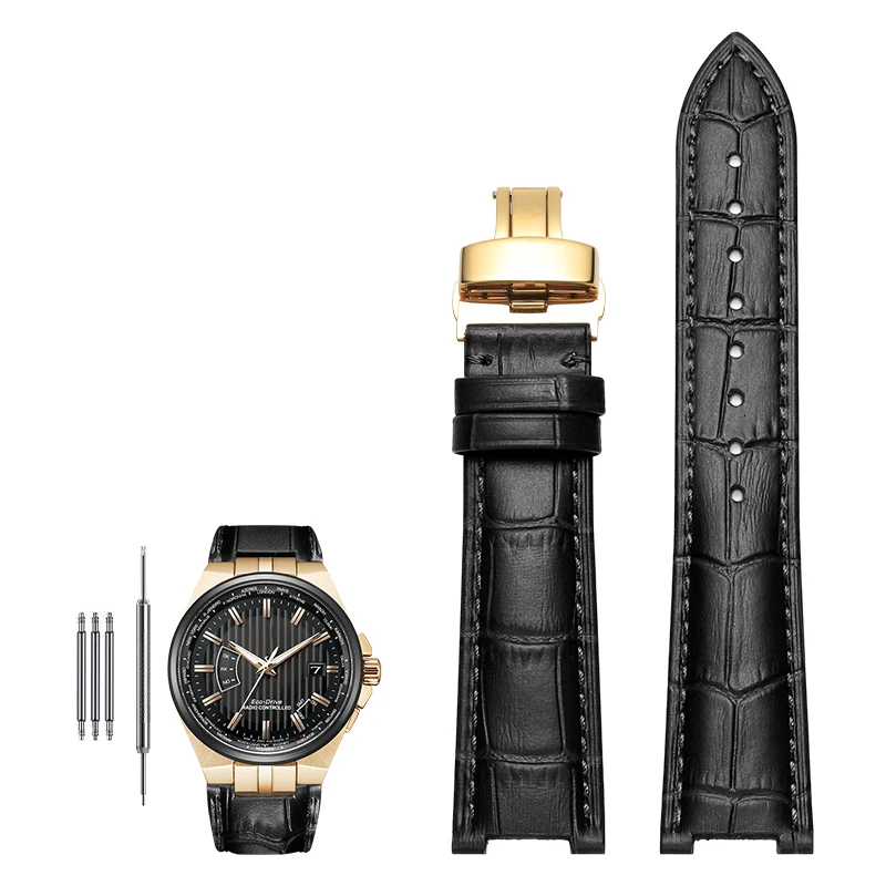 Genuine Leather Notched Watchband for Men's Watches, 24x13mm