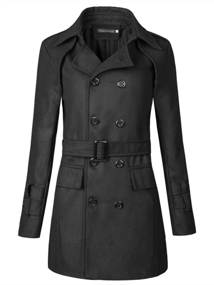 

Men's Autumn and Winter New Casual Slim Mid-length Solid Color Woolen Coat Belt Double-breasted Lapel Tie Woolen Coat for Men