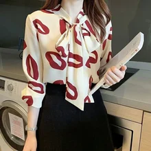 

Lips Print Ladies Shirts Spring 2022 New Fashion Chiffon Long Sleeve Tops Versatile Bow Shirts Chic Woman Tie Neck Blouse