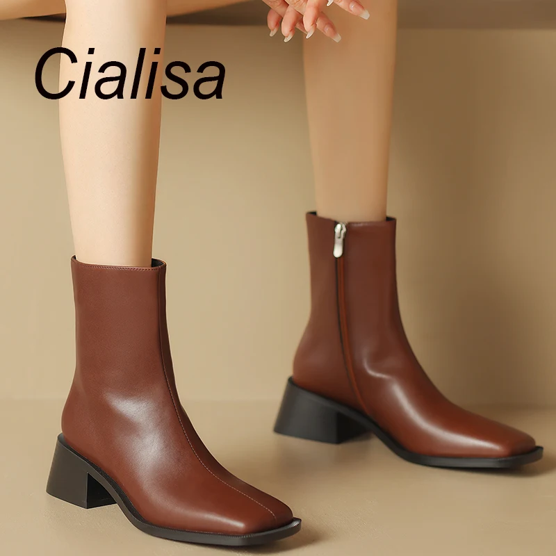 

Cialisa New Concise Women Short Boots Square Toe Genuine Leather Shoes Mid Heels Zipper Ankle Boots For Lady 2023 Autumn Winter