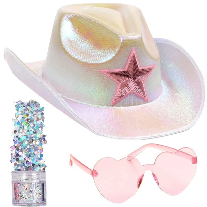 

3pcs/pack Woman Cowboy Hat+Heart Sunglasses+Glitter Powder Wedding Sunproof Hat