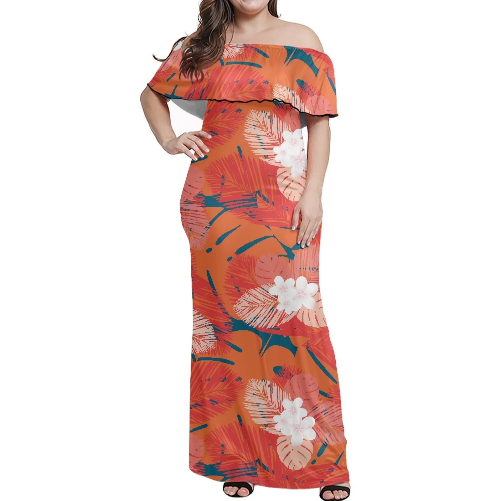 

Polynesian Tribal Tongan Totem Tattoo Print Dress, Slim Lady, Big Size, Colorful Hibiscus Flower Designs, Off Shoulder, Leisure