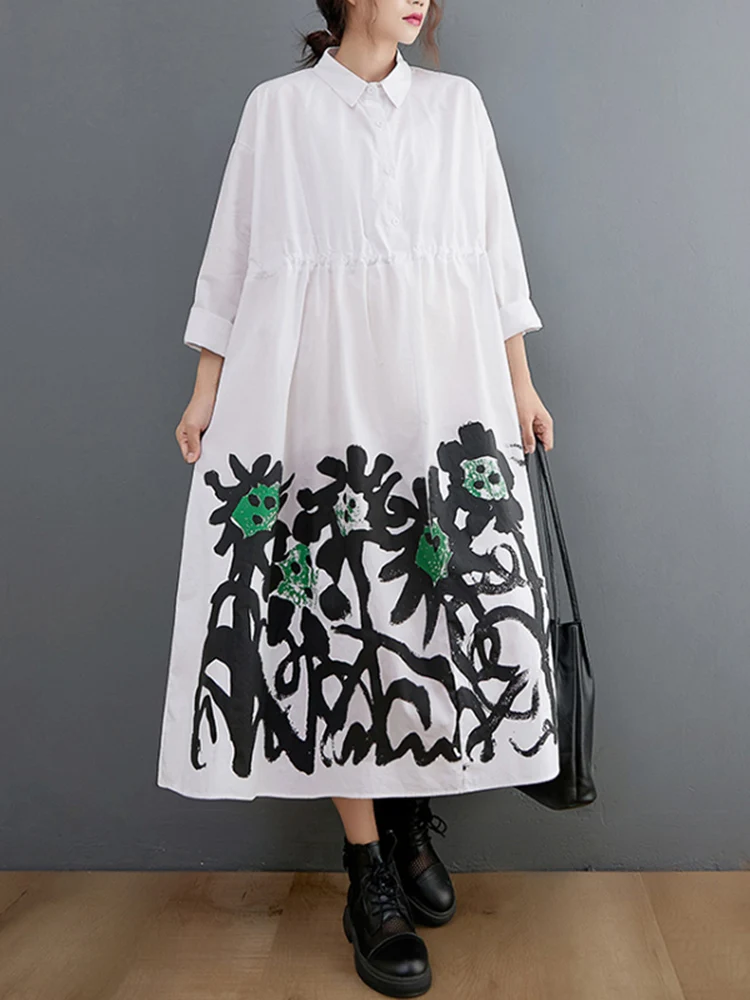 

Print Pattern White Vintage Dresses For Women Long Sleeve Loose Casual Shirt Dress Fashion Elegant Clothing Spring Autumn 2022