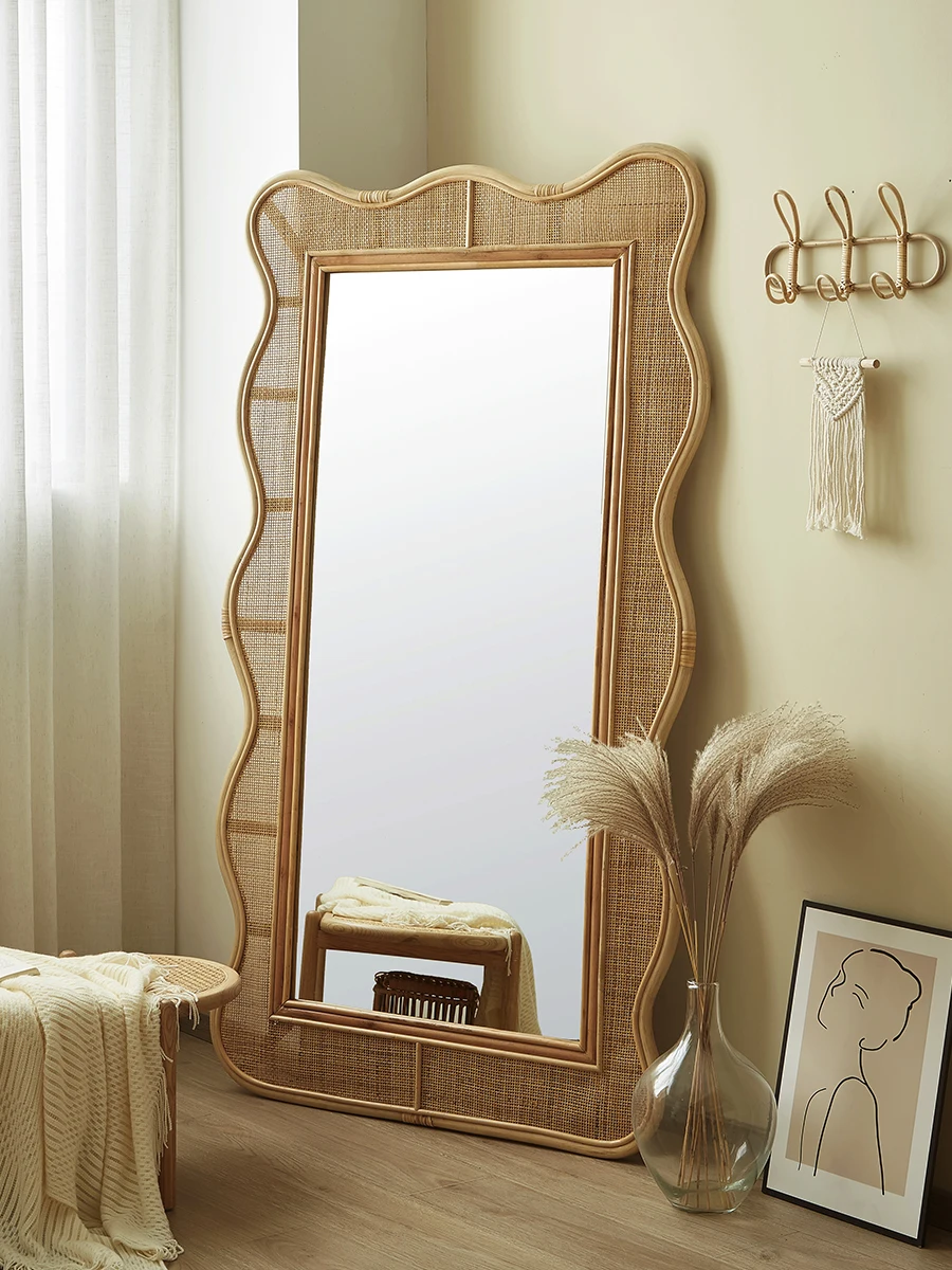 

Ретро плетеное большое зеркало из ротанга, полноразмерное напольное зеркало, искусственное, волнистое бытовое зеркало в японском стиле