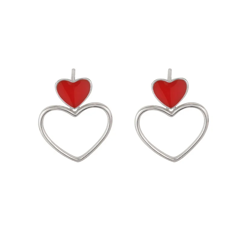 

Red Heart Earrings Hoops Drop Silver 925 Women Cute Accessories Korean Style Fashion Enamel Jewelry Simple Romantic Gift Female