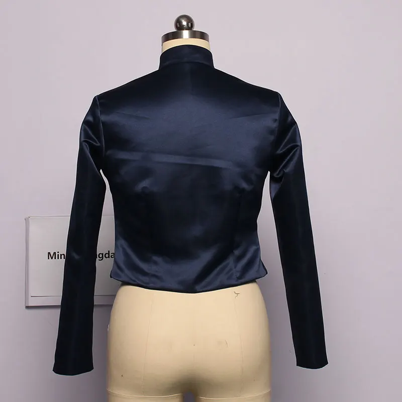Mingli Tengda Custom Made Bridal Satin Jacket Wrap Wedding Fashion Collar Shrug Long Sleeves Bolero Jacket Women Navy Caps Cape