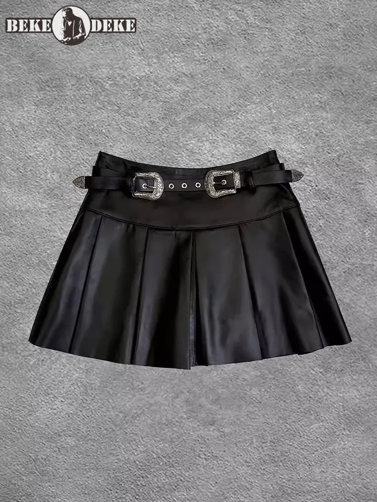 

Women Genuine Leather Pleated Skirt Belted High Waist Short Mini Skirt Vintage Casual Spring Slim Fit Natural Sheepskin Skirts