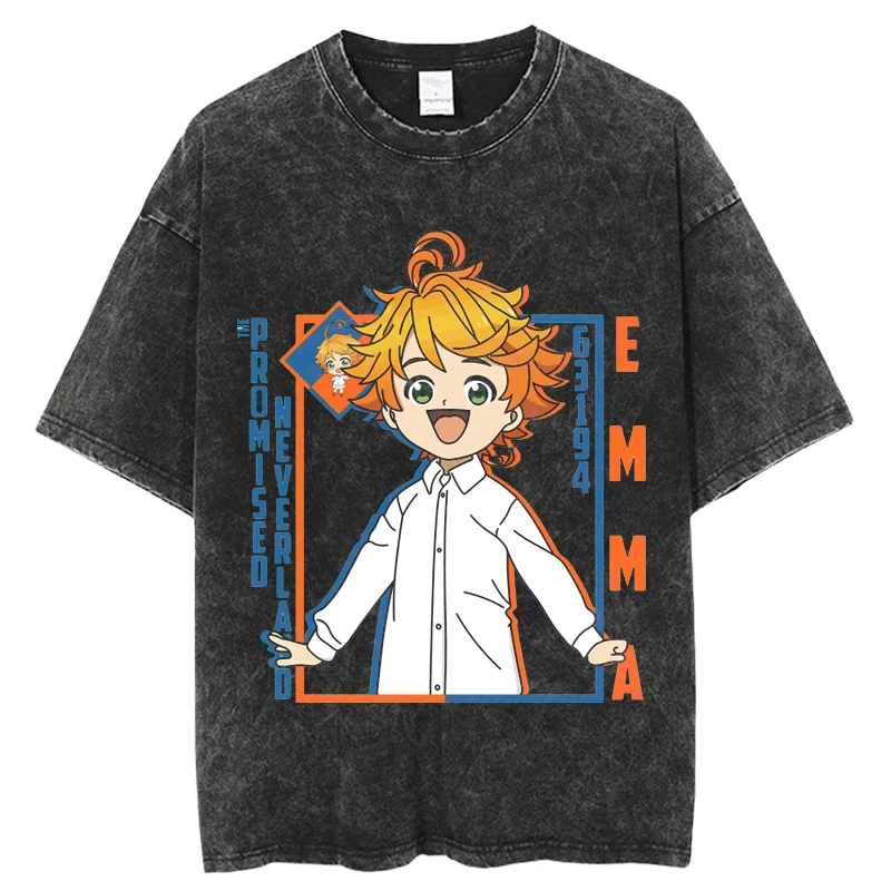 

The Promised Neverland Hip Hop Black Washed T-Shirt Streetwear Japan Anime Print T Shirt Harajuku Cotton Casual T shirt Short