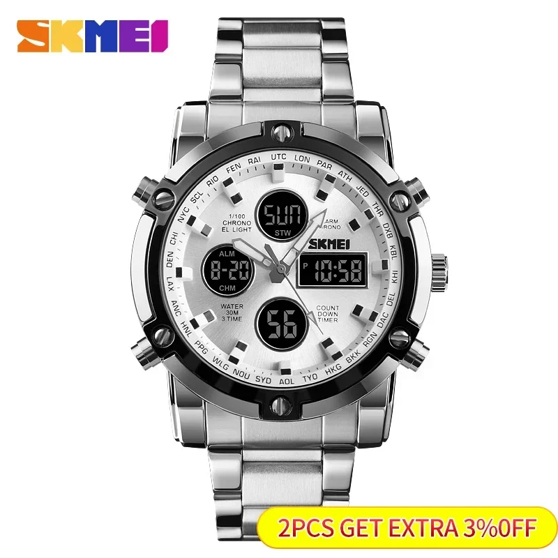 Skmei Countdown Steel Strap Wristwatch Clock Relogio Masculino Digital Quartz Watch Men Three Time Quartz Wrist Mens Watch 1389 - Image 2