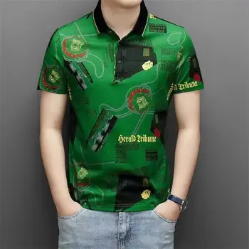 Summer Daily Breathable Printing Lapel Short Sleeve Polo Shirts Fashion Men Casual Thin Cootrast Color Abstract Pattern Tops