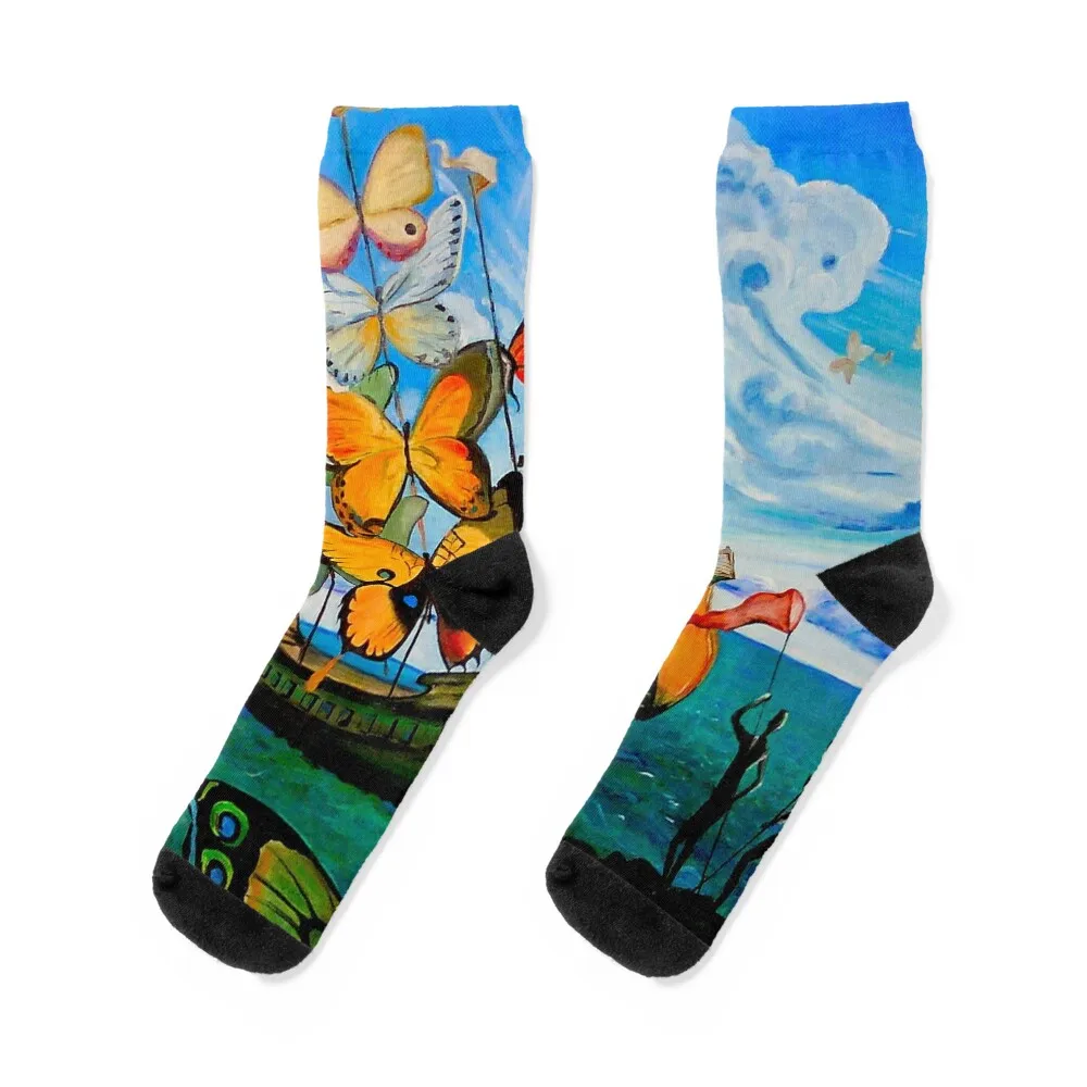 BUTTERFLY SHIP : Vintage Abstract Painting Print Socks anime socks funny gift hiking compression socks Women Women Socks Men's