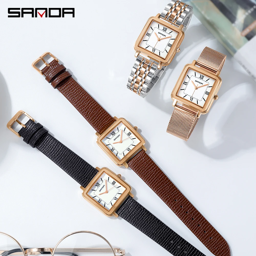 SANDA Ladies Quartz Watch Fashion Leather Women Square Watch Simple Rose Gold Wristwatch Lover's Gift With Box Relogio Feminino