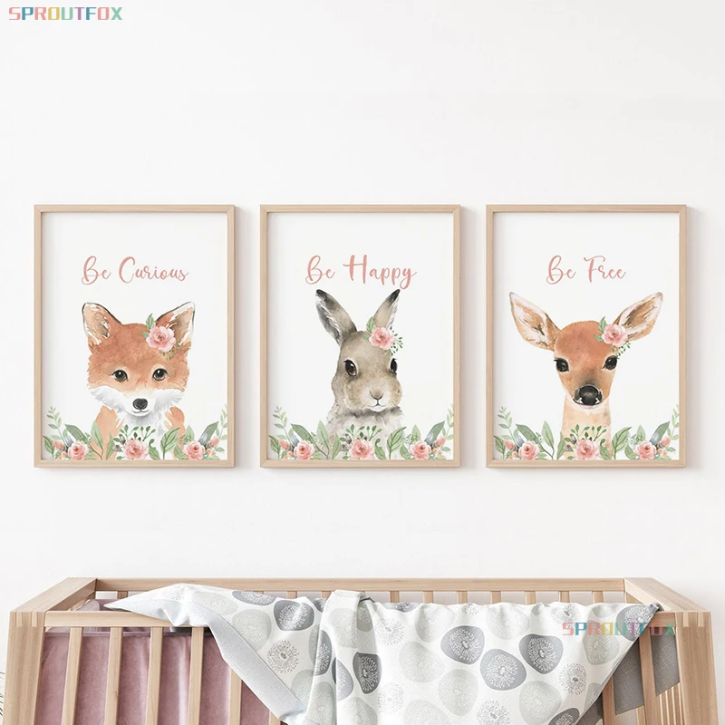 

Cute Animals Fox Rabbit Deer Baby Animal Nursery Wall Art Decor Canvas Art Painting Pictures Posters and Prints Kids Room Decor