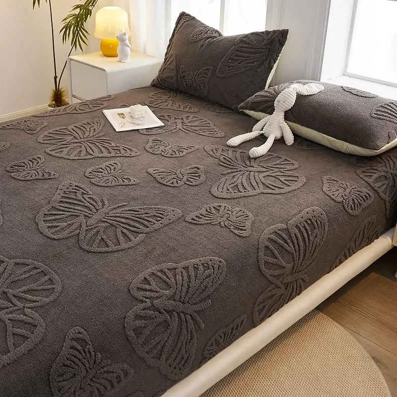 WASART Warm plush elastic fitted sheet mattress protector cover winter coral fleece couple bed linen luxury double bed bedding 3