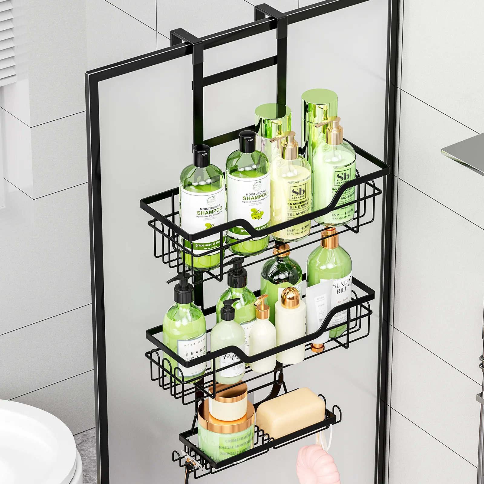 Drill-Free Bathroom Shelf Over Door Hanging Organizer Wall-Mounted Basket Rack Multi-Layer Shower Room Storage Shelf for Toilet 6