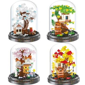 DIY Four Seasons Flower Arrangement Dust Cover Cherry Dream Tree House Plants Gardens Building Blocks Model Kids Sets Kits Toys