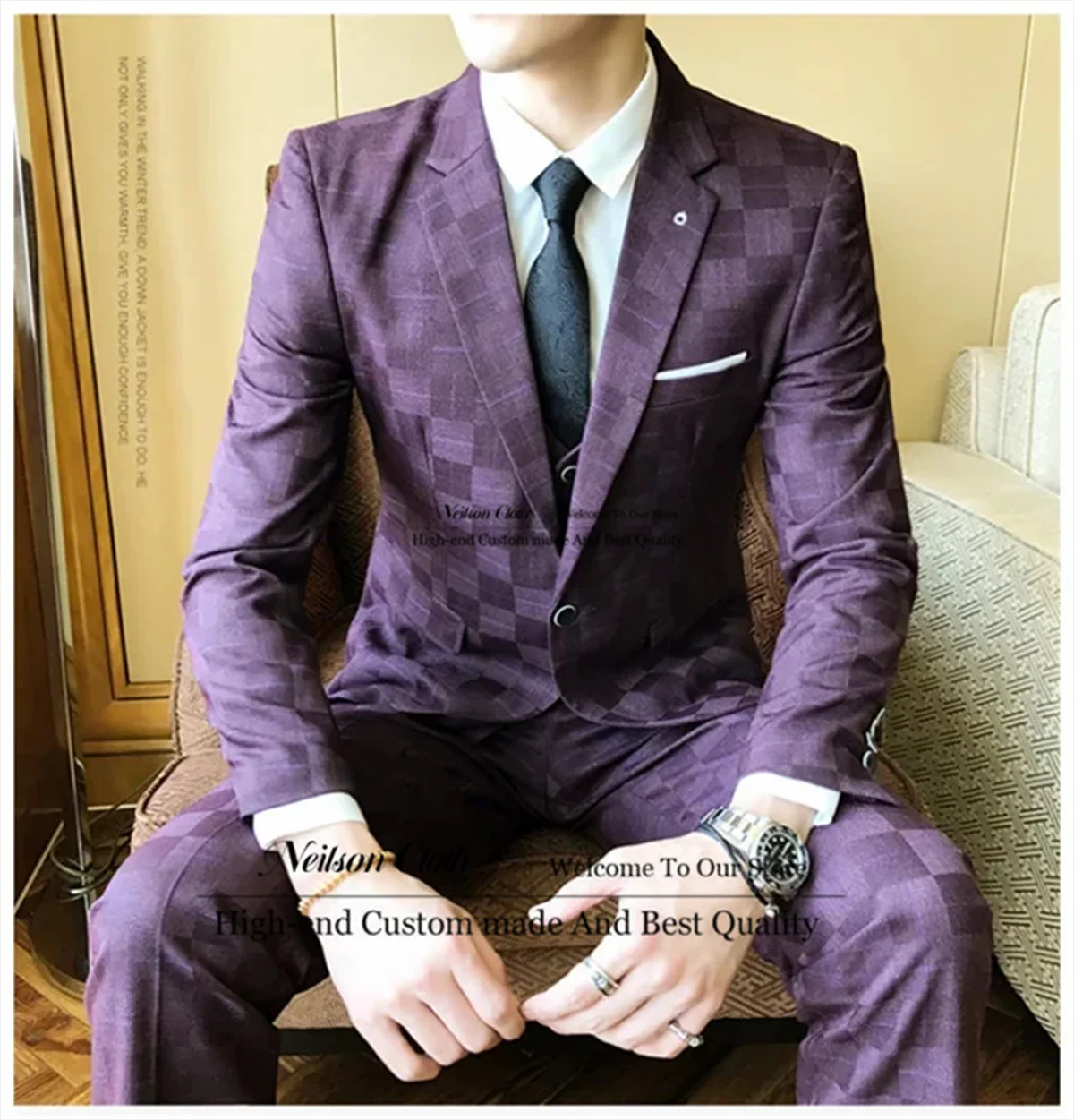 

Business Purple Men Suits 3 Pieces Sets Groom Wedding Tuxedos Plaid Notched Lapel Male Prom Blazers Slim Fit Terno Masculino