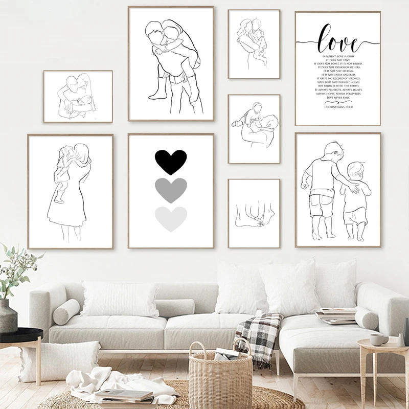 

Abstract Black And White Line Love Family Wall Art Canvas Painting Nordic posters And Prints Wall Picture For Living Room Decor