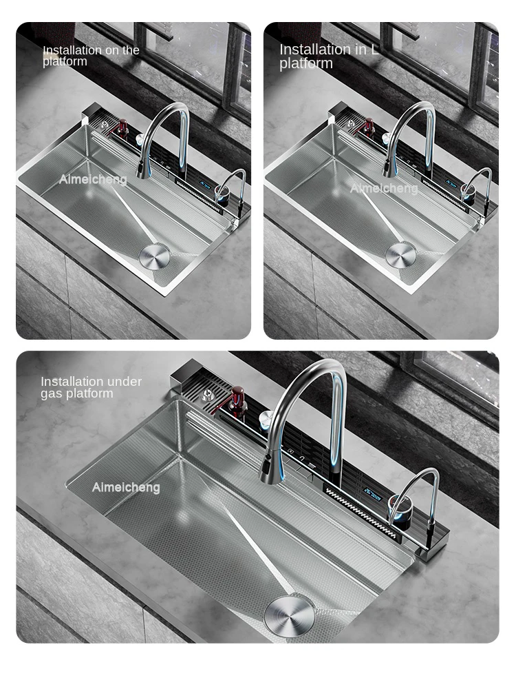 Silver Nano 304 Stainless Steel Digital Display Waterfall Sink Multifunctional Vegetable Washing Pool Integrated faucet 5