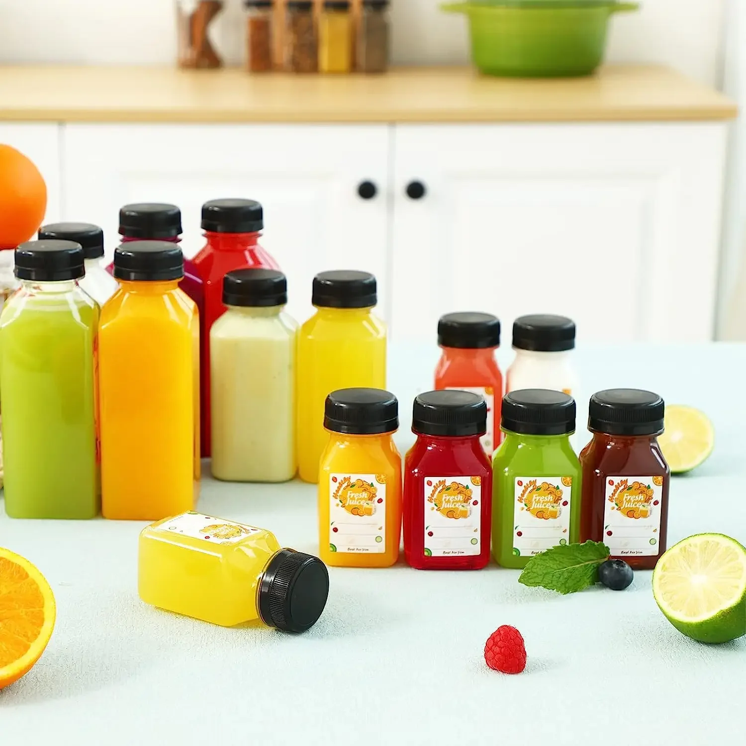 10pcs 60-500ML Clear Empty Plastic Juice Bottle with Caps W/ Funnel Disposable Juice Drink Container for Making Juicing Smoothie