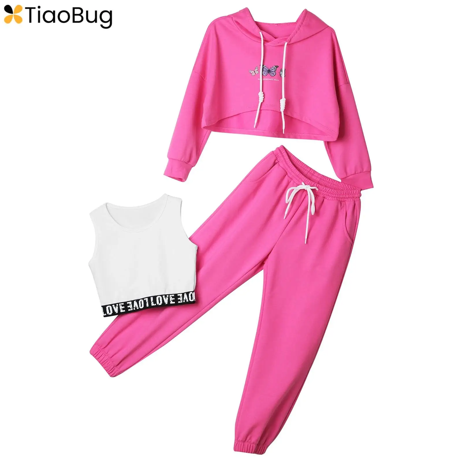 

Kids Girls Hip Hop Sportswear Set 3Pcs Hooded Long Sleeve Sweatshirt Tank Top Vest+Sweatpants Outfit for Modern Dance Jazz Dance