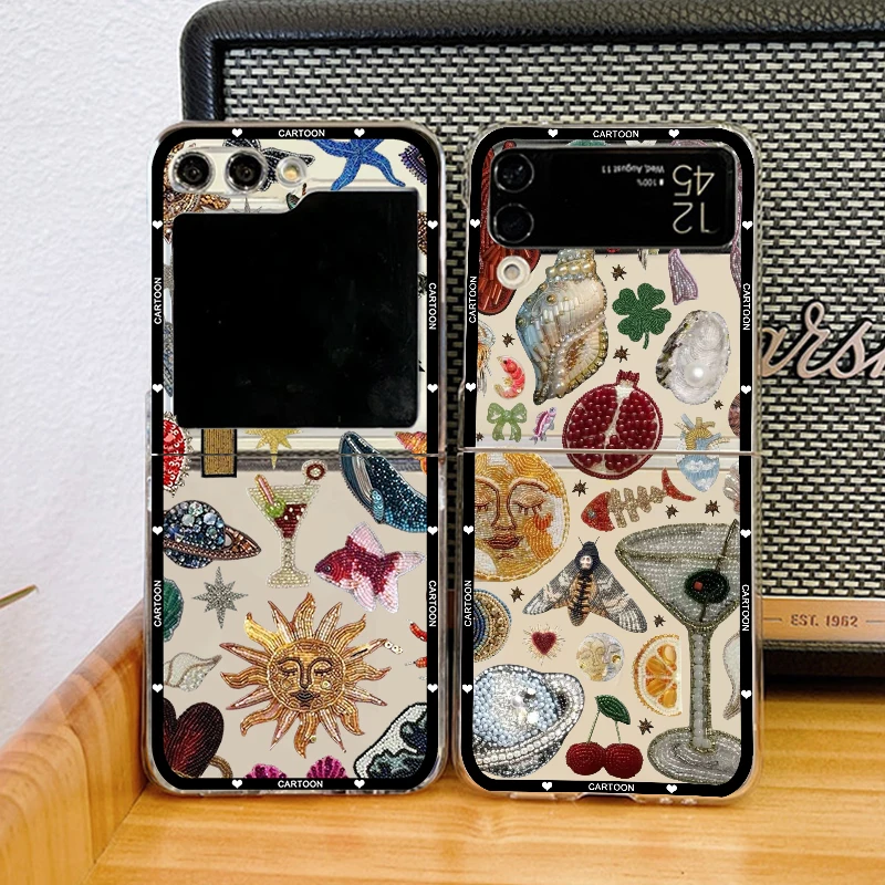 Retro Beaded Heart & Flower Pattern Folding Phone Case - Fashion Cocktail Fruit Design, Clear PC Cover