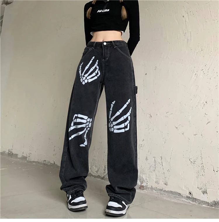 Street Black Jeans Women Print Design Sense Niche Hiphop High Street Wide Leg Pants Straight Baggy Denim Jeans Y2k Trousers New apple bottom jeans