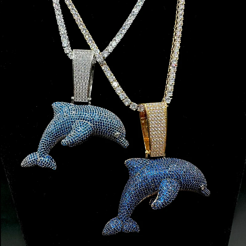 Aokaishen Iced Out Blue Dolphin Pendant Necklace Real Gold Plated