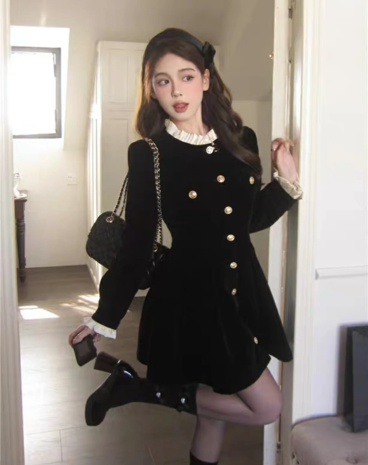 Vestidos de terciopelo negro de otoño para mujer, vestido de fiesta de noche de una sola botonadura de manga larga, moda coreana, vestido de línea A para mujer, nuevo