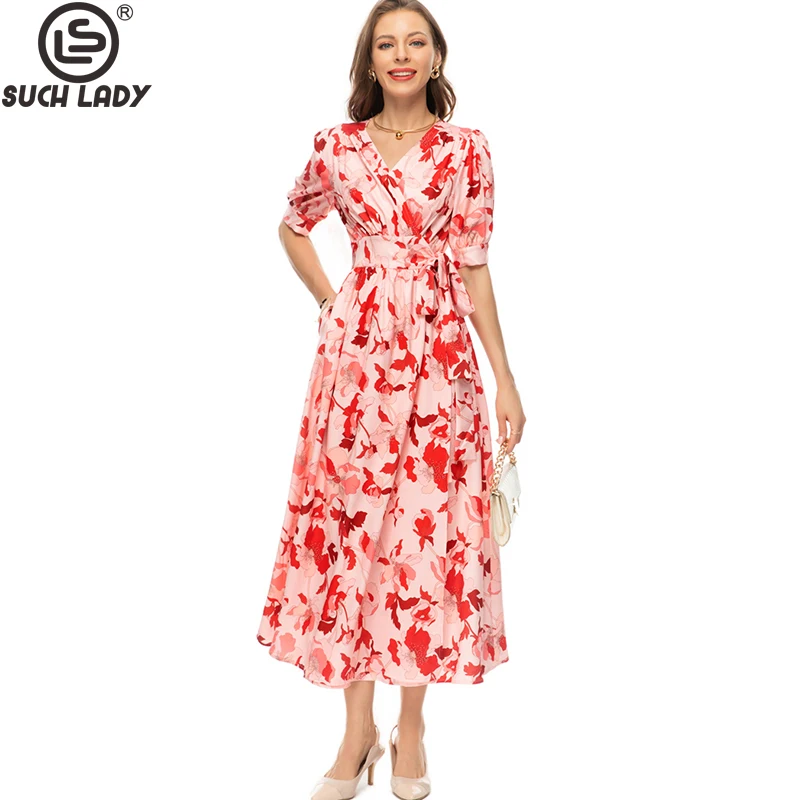 

Women's Runway Dresses V Neck Short Sleeves Printed Lace Up Bow Fashion Designer Vestidos