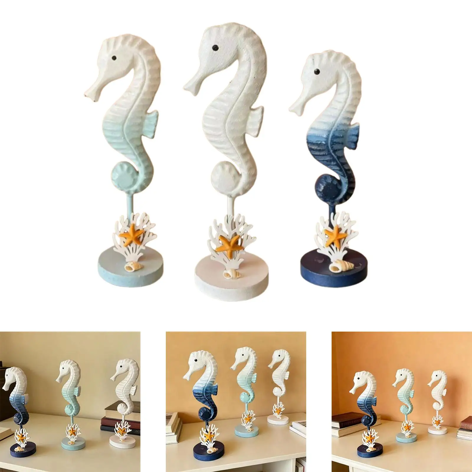 Beach Themed Seahorse Pendant Luxury Decorative Figurines Wooden Nautical Sculpture Sea Room Decor for Home Office