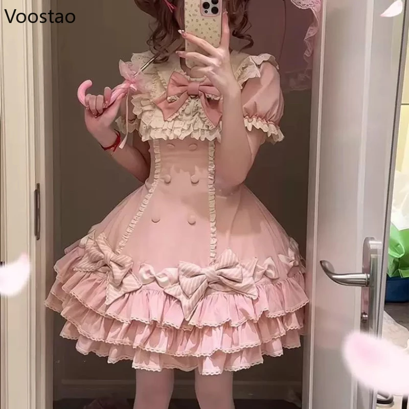 Japanese Sweet Lolita OP Dress Women Vintage Kawaii Lace Puff Sleeve Bow Princess Party Dresses Girl Y2k Cute Evening Cake Dress