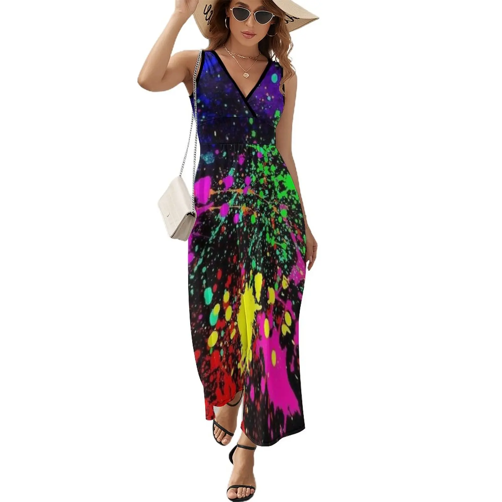 

Neon Paint Splatter Art Dress Modern Maxi Dress V Neck Design Bohemia Long Dresses Casual Big Size Clothes