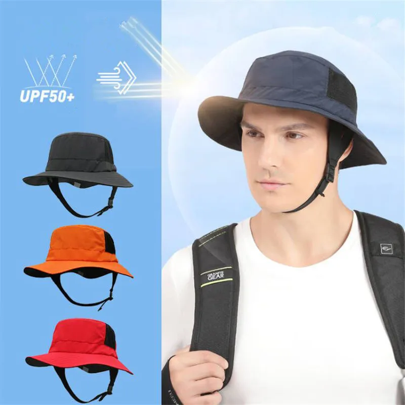 Beach Surf Cap Mesh Breathable Sun Hat UPF50+ Summer Outdoor Fishing Belt Chin Adjustable Bucket Hat Water Sport Unisex Solid